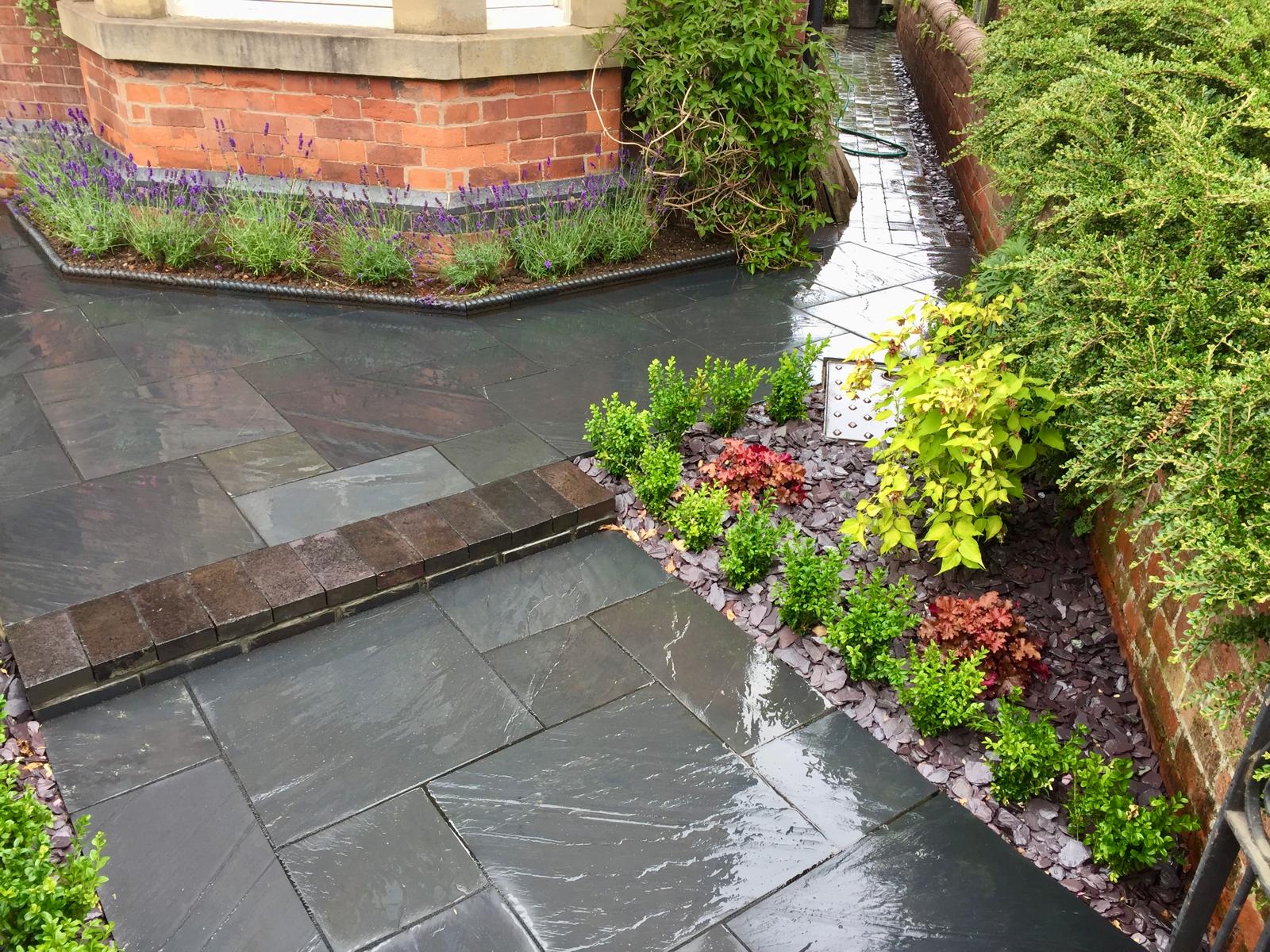 Slate paving path with border planting