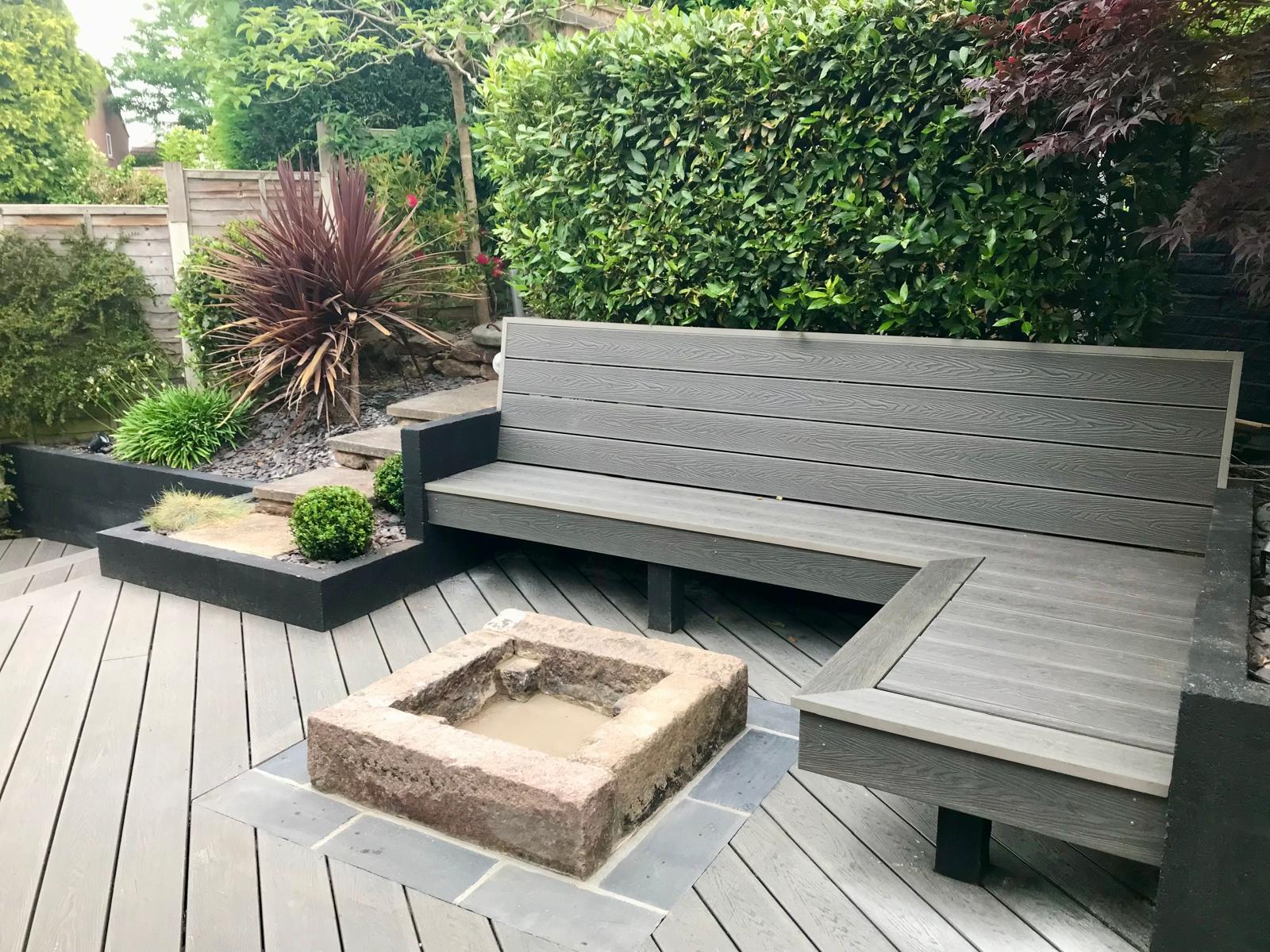 Decking with seating and built-in planters