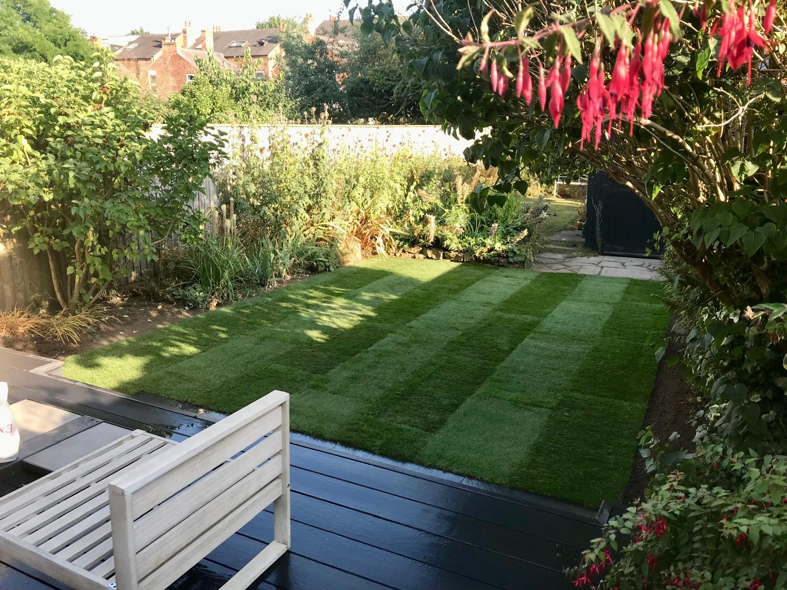 Completed garden with composite deck, lawn and planting borders