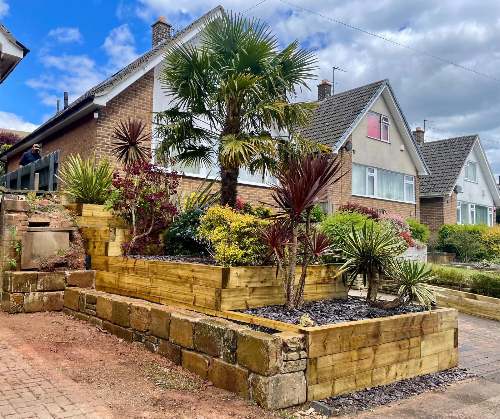 Timber sleeper raised beds with palm and exotic planting — side view